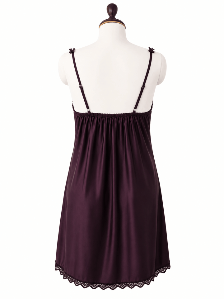 Mystic Plum Mulberry Silk Bridal Babydoll Dress with Lace Trim