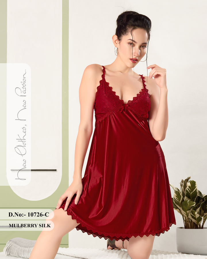 Crimson Love Mulberry Silk Lace Babydoll Dress for Women