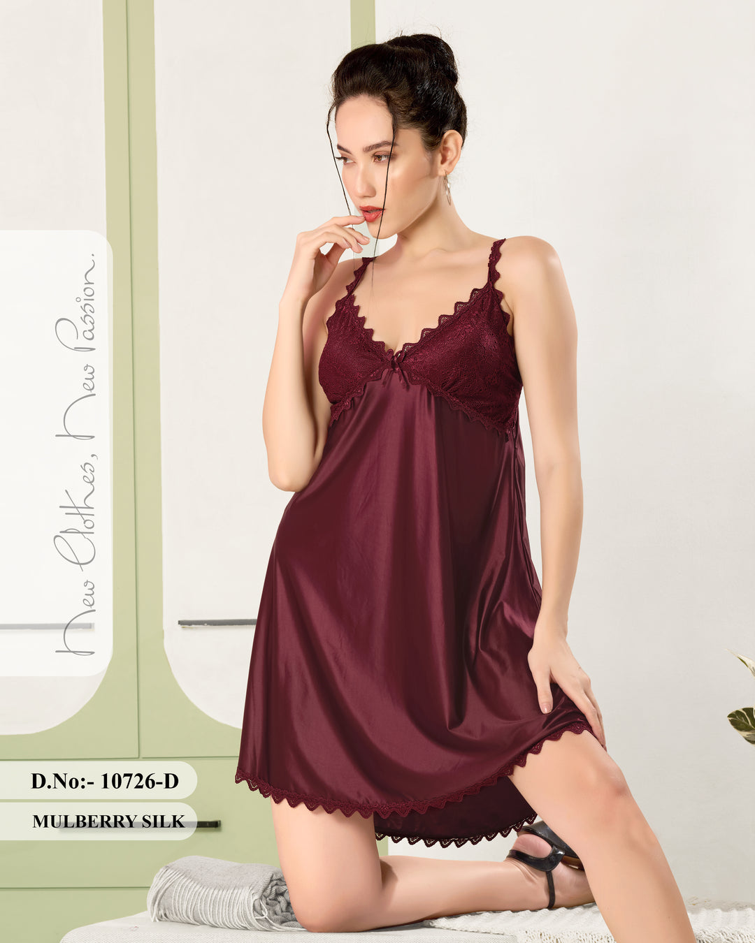 Velvet Burgundy Mulberry Silk Babydoll Dress with Scalloped Lace
