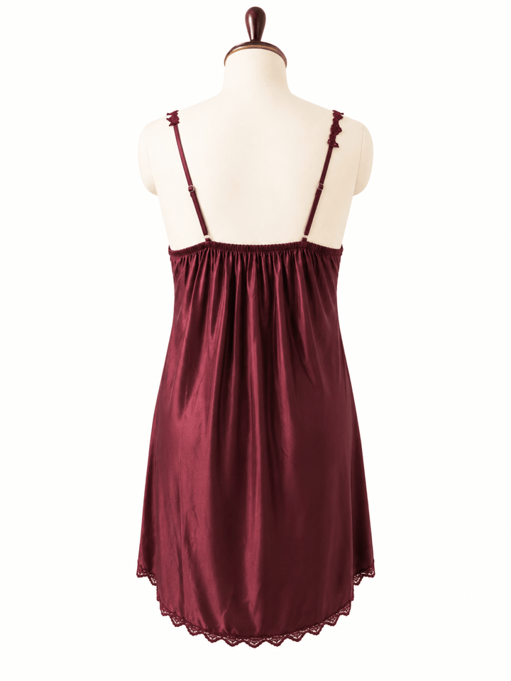 Velvet Burgundy Mulberry Silk Babydoll Dress with Scalloped Lace