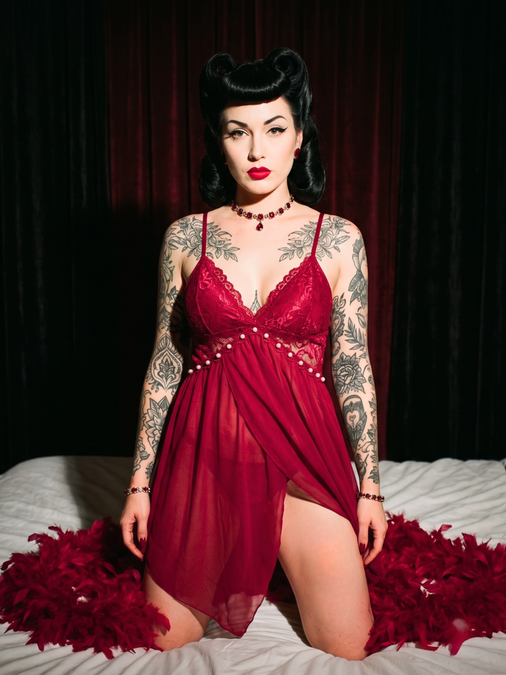 Fantasy Red Romance Deep V Hanky Hem Babydoll