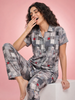 Whispery Grey Glossy Soft Collar Pajama Sets For Women