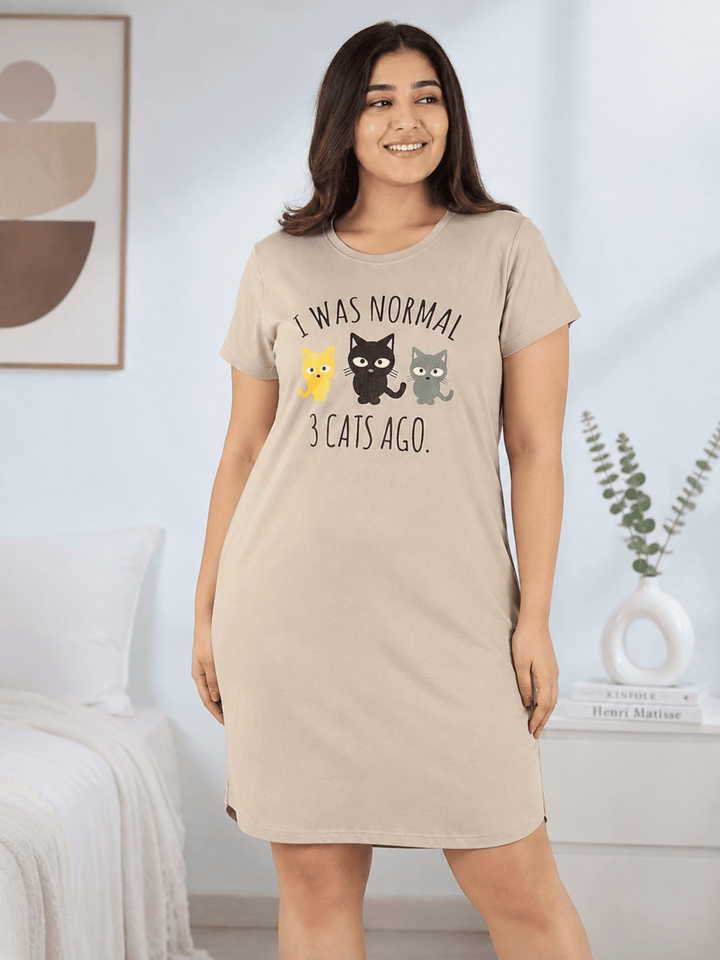 Sand Cotton Cat Print Short Nighty for Women In Plus Sizes