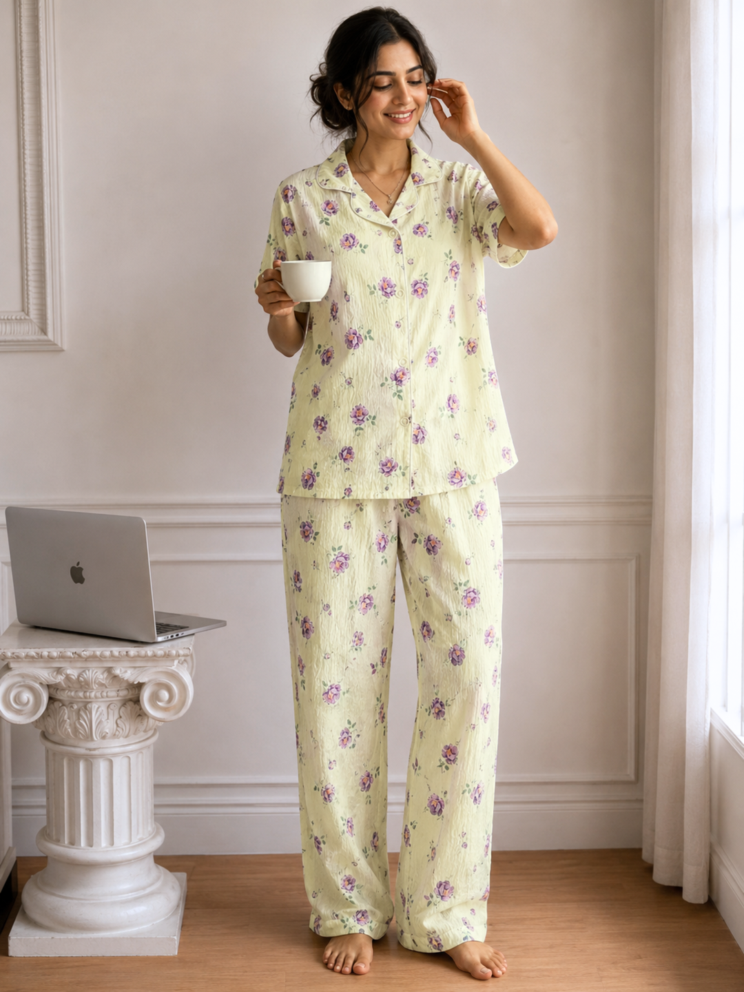 Sunshine Bloom Bamboo Feel Crush Cotton Floral Korean Night Suit