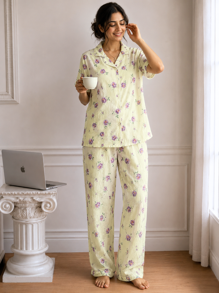 Sunshine Bloom Bamboo Feel Crush Cotton Floral Korean Night Suit