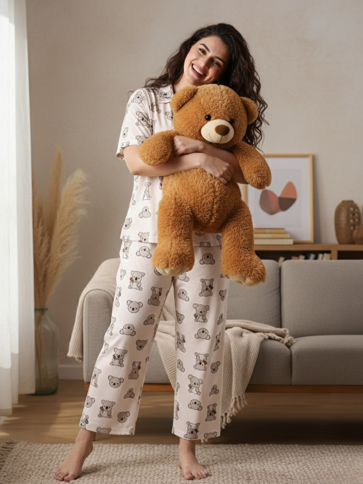 Creamy Teddy Soft Lycra Cute Loungewear And Pajama Set