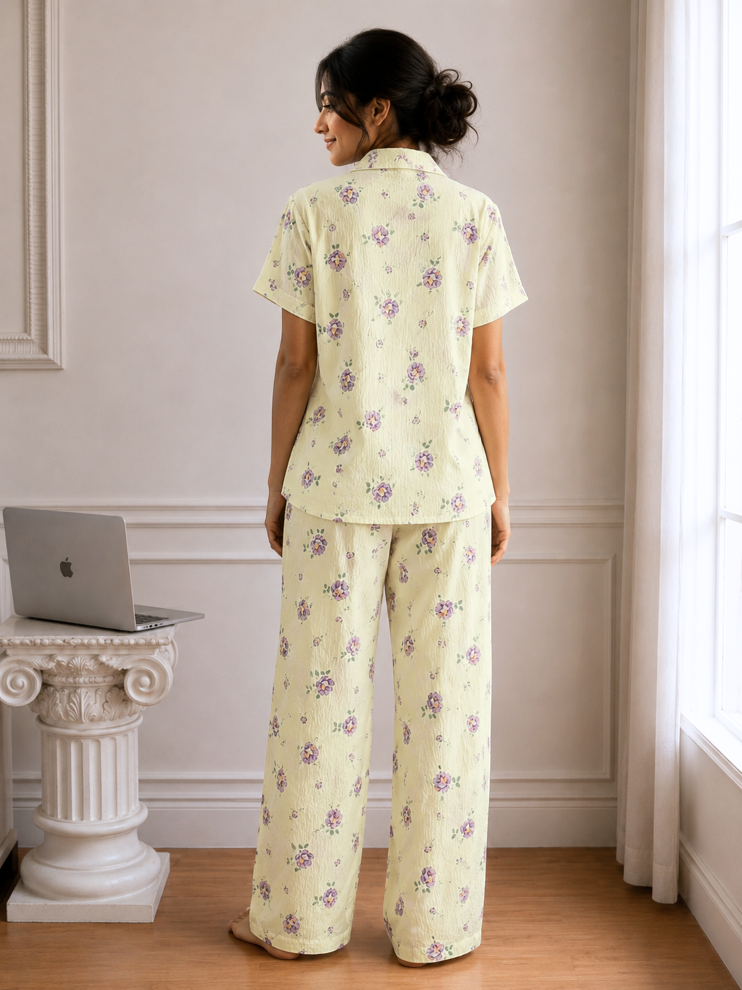 Sunshine Bloom Bamboo Feel Crush Cotton Floral Korean Night Suit