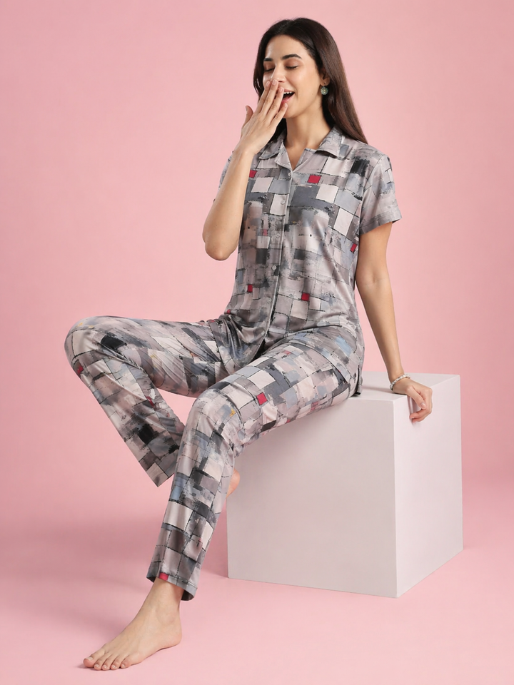 Whispery Grey Glossy Soft Collar Pajama Sets For Women