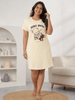 Cream Graphic Cotton Knee Length Short Nighty for Women In Plus Sizes