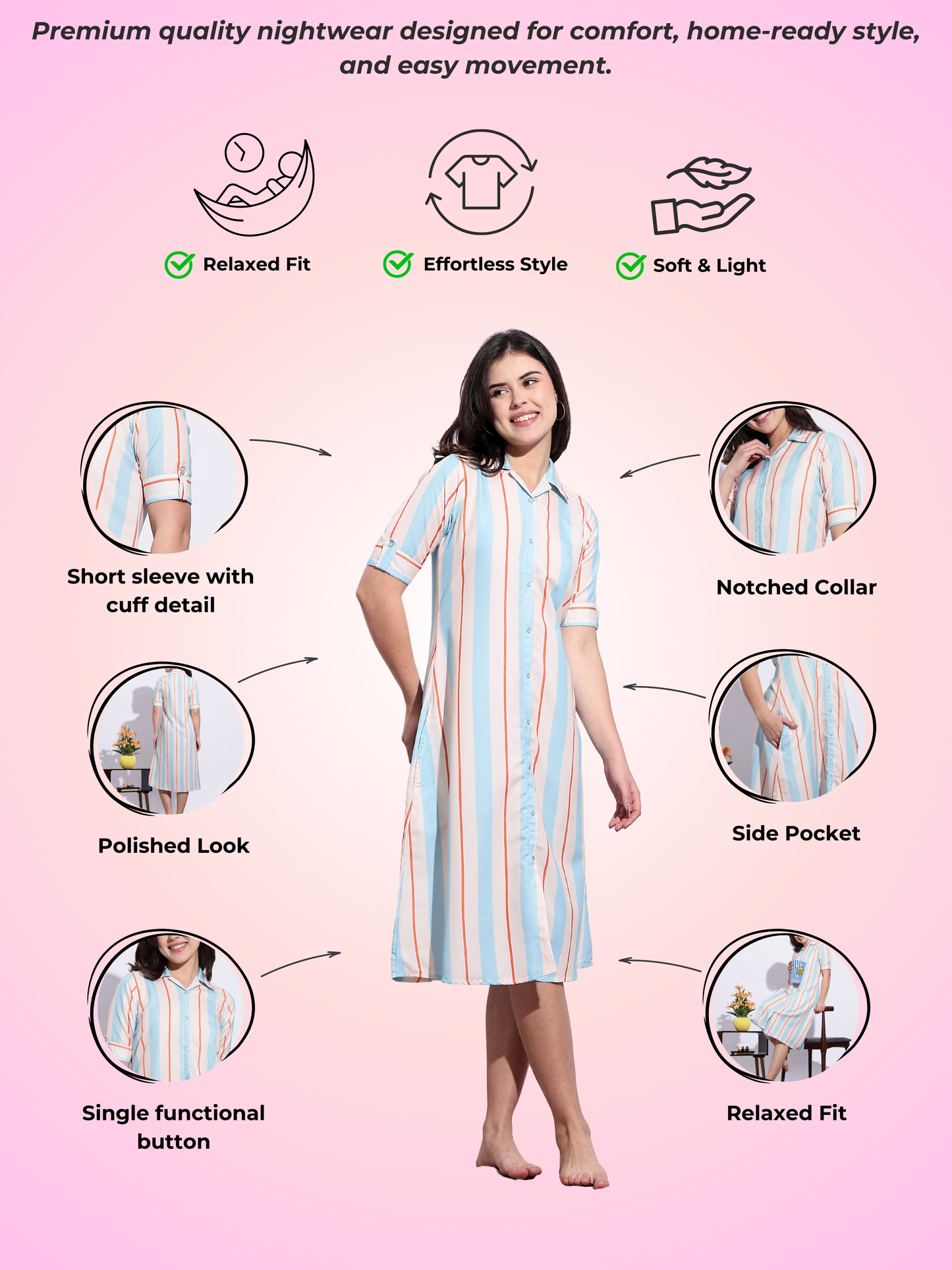 Beach Vibe Printed A-Line Short Nighty for Teens Soft Striped Dress