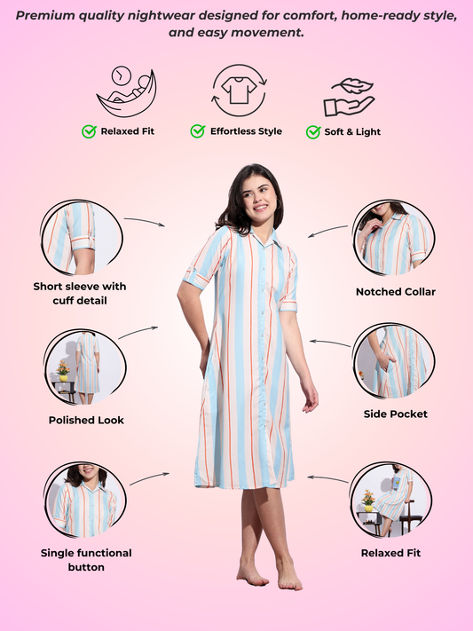 Beach Vibe Printed A-Line Short Nighty for Teens Soft Striped Dress
