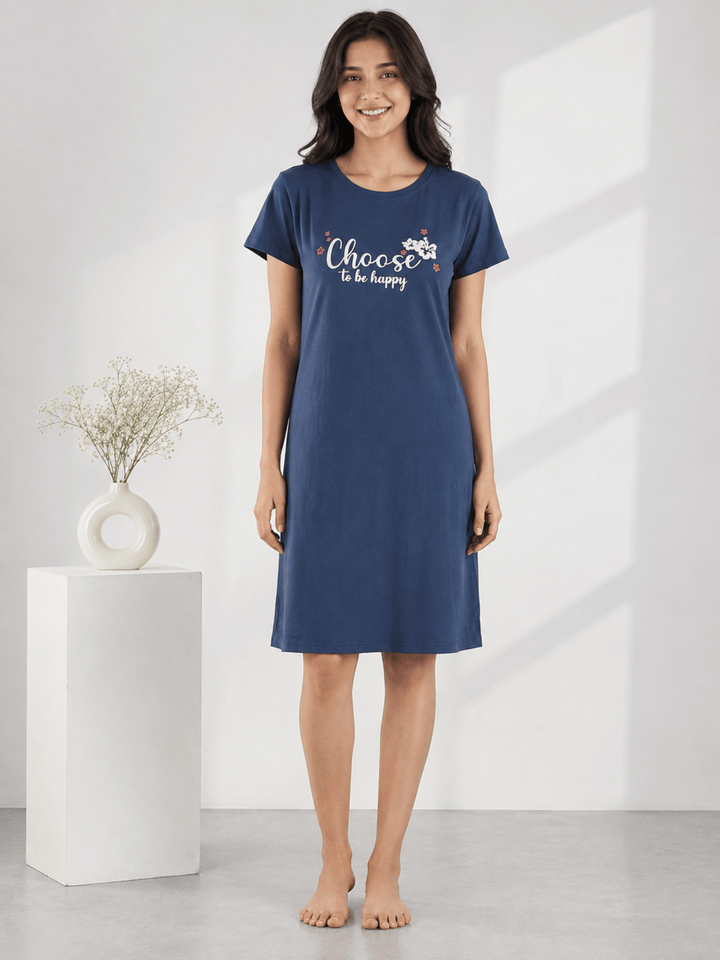 Denim Blue Cotton Short Nighty with Graphic Print