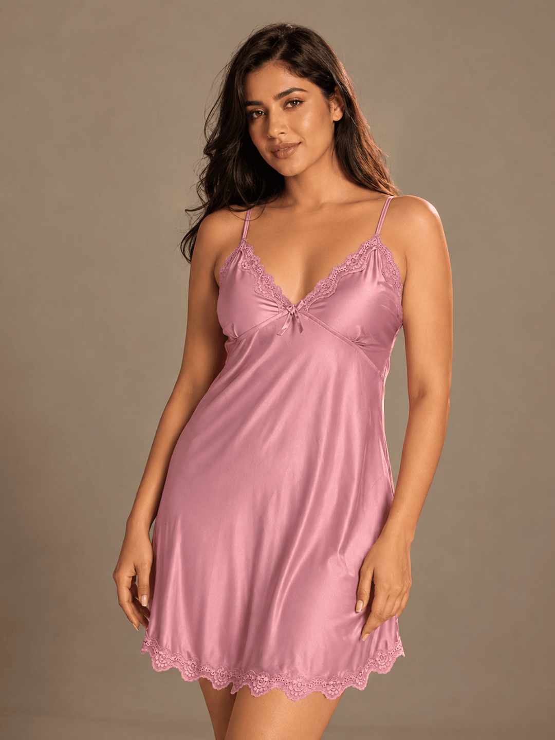 Mauve Dream Mulberry Silk Babydoll with Scalloped Lace
