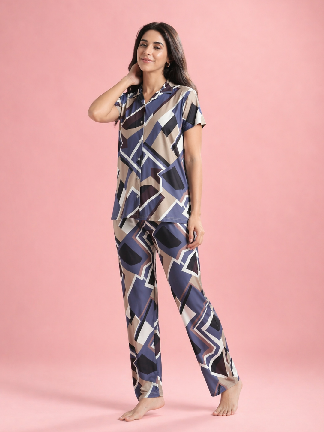 Blue Mosaic Gloss Malai Collar Pajama Set