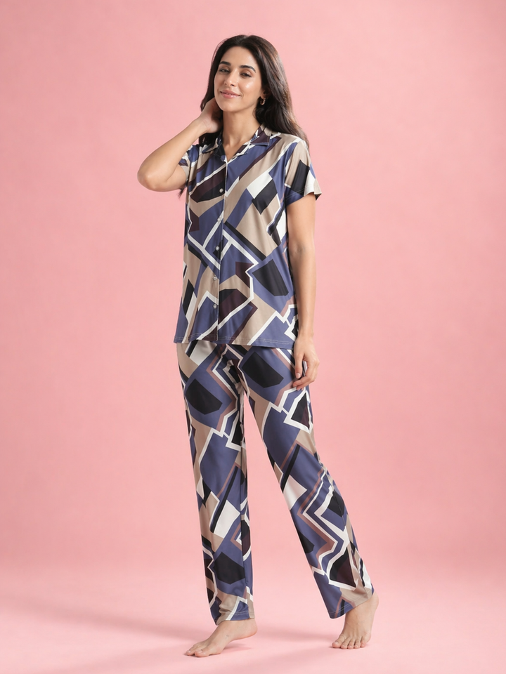 Blue Mosaic Gloss Malai Collar Pajama Set