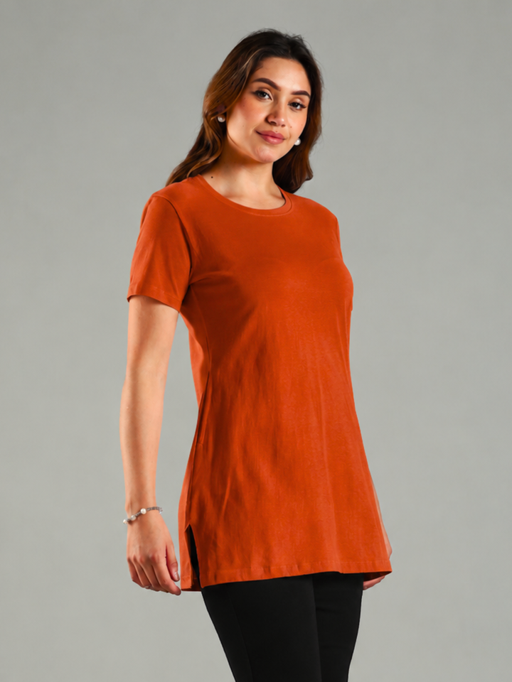 Orange Hosiery Cotton Hip Covering T Shirts For Women with Side Slits