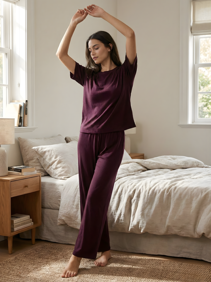 Berry Plum Luxe-Rib Solid PJ Set – Everyday Comfort