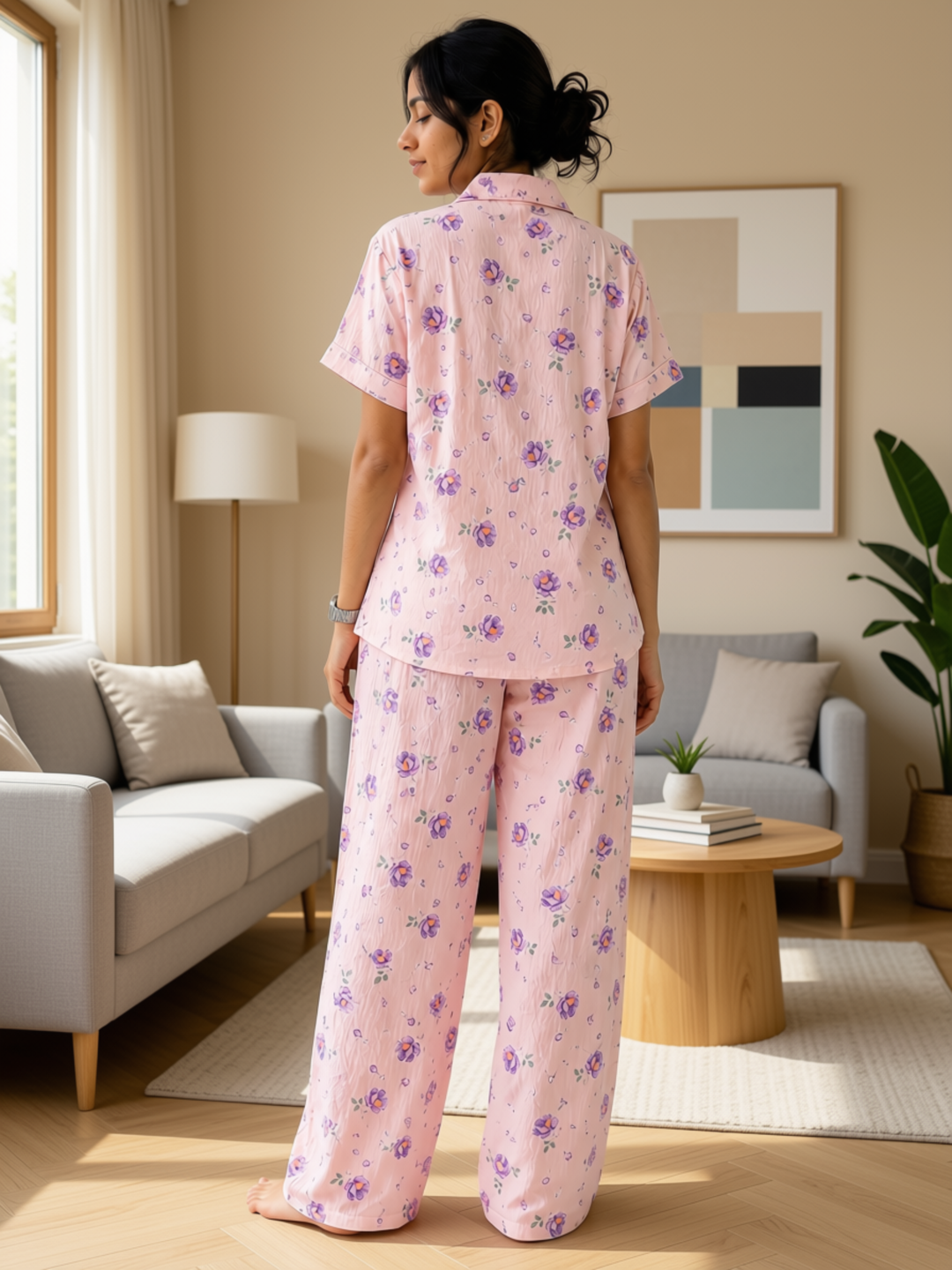 Peach Bamboo Feel Crush Cotton Korean Night Suit  for Women