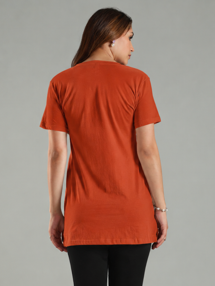Orange Hosiery Cotton Hip Covering T Shirts For Women with Side Slits