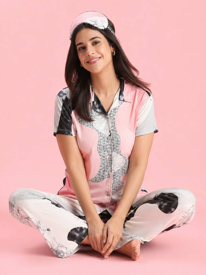Pink Paw Puff Gloss Malai Pajama Set For Women