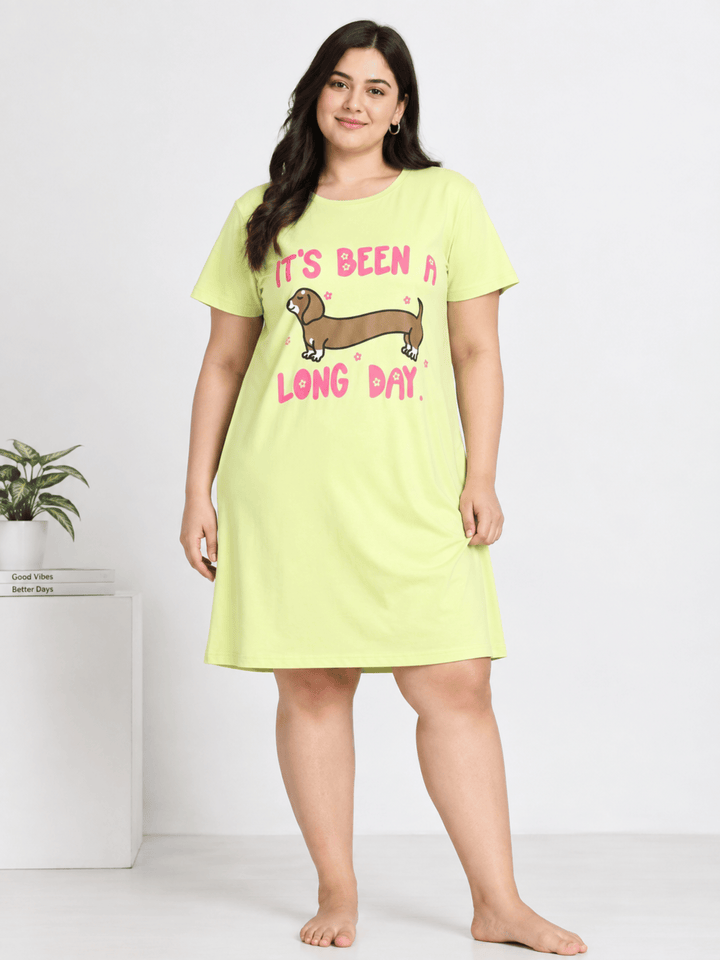Pista Green Printed Short Nighty For Women For Summer