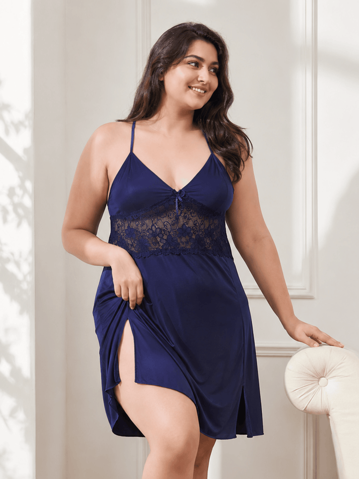 Midnight Sapphire Malai Babydoll with Lace Elegance