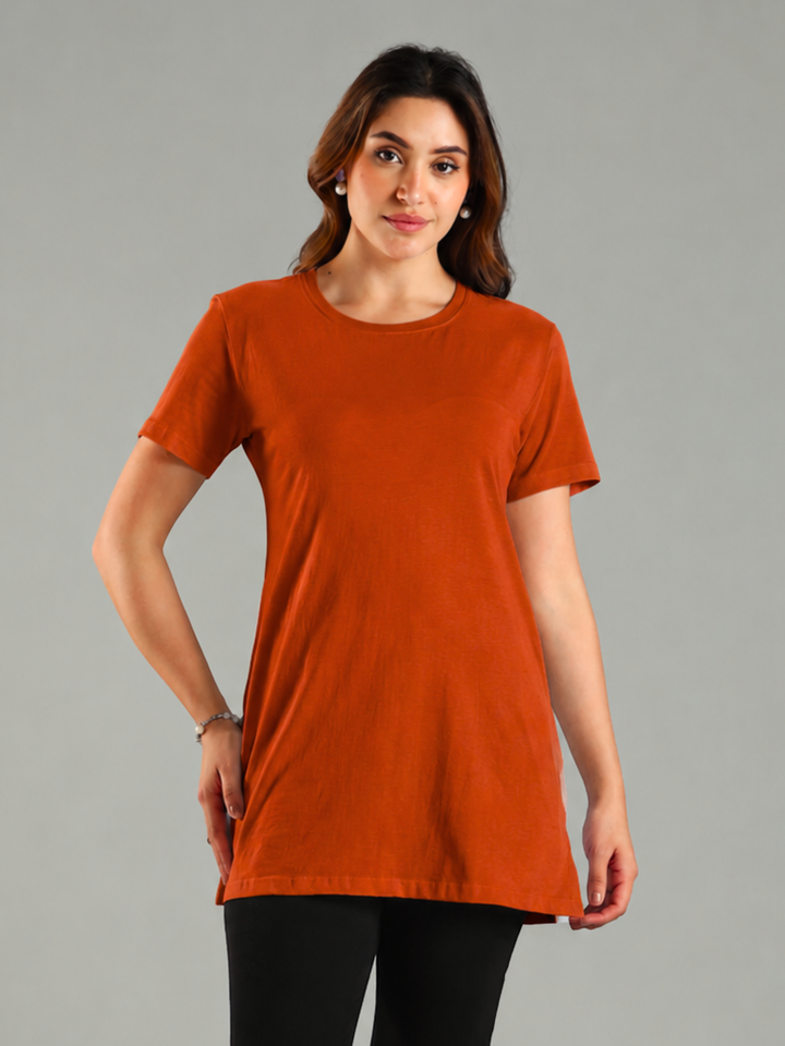 Orange Hosiery Cotton Hip Covering T Shirts For Women with Side Slits