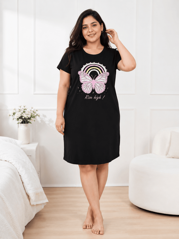 Jet Black Cotton Printed Short Nighty For Summer