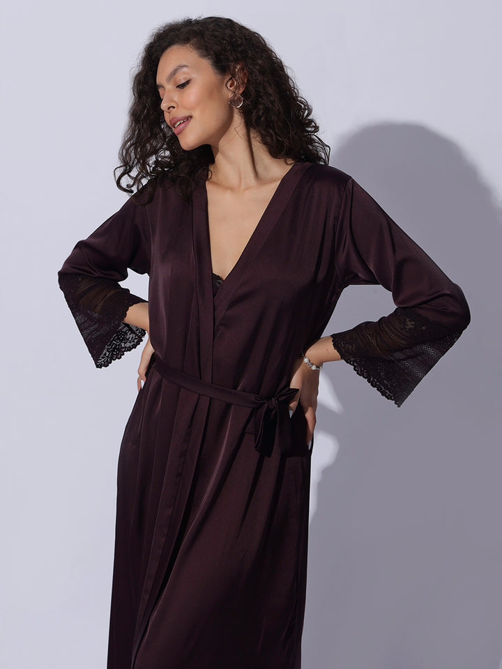 Romantic Wine Satin Long Robe and Night Gown Set for Women