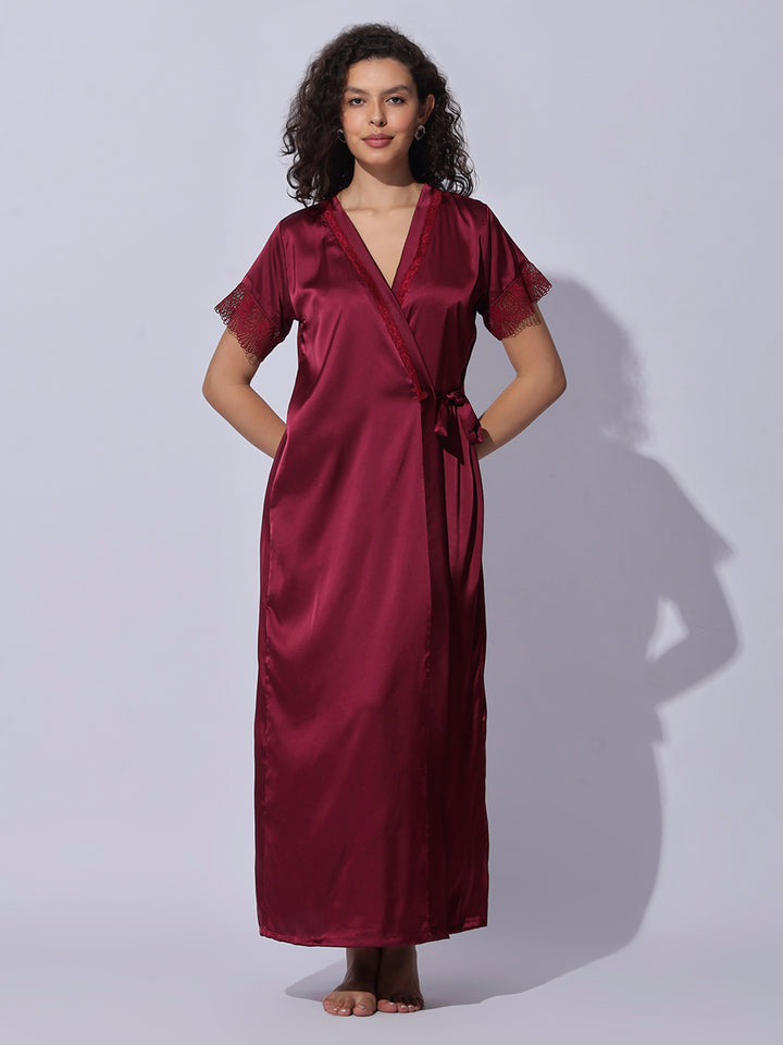 Satin Robe and Night Gown Set for Women Luxe Lace Sleepwear