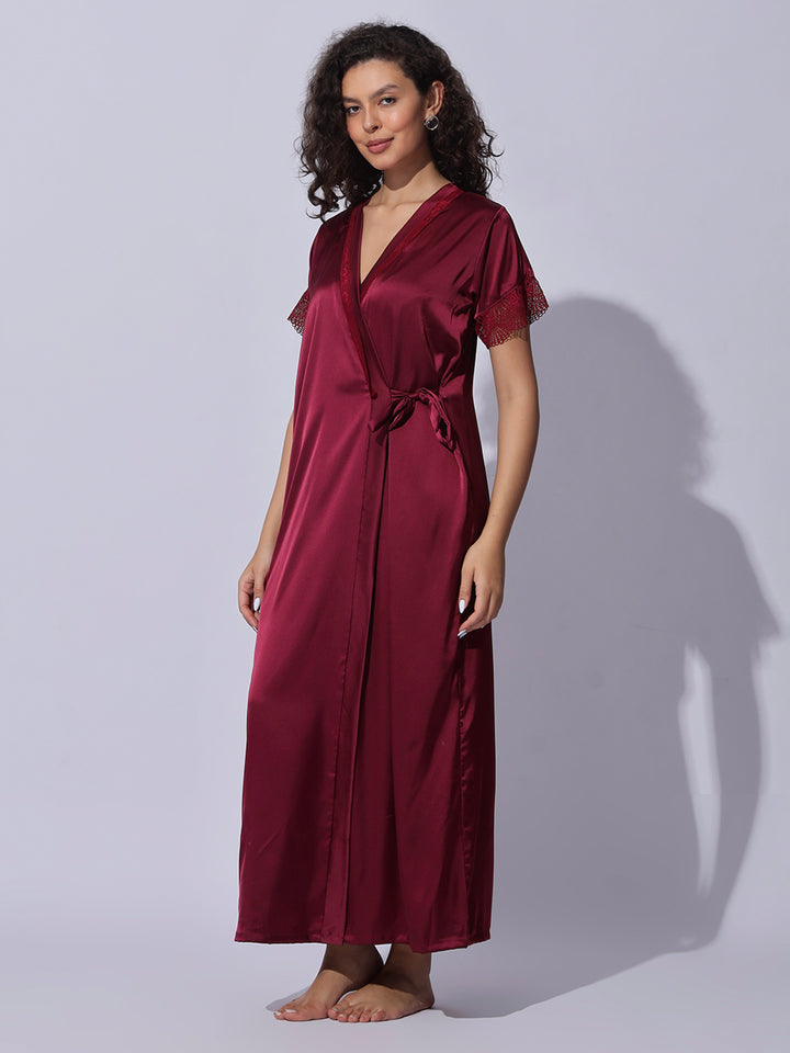 Satin Robe and Night Gown Set for Women Luxe Lace Sleepwear