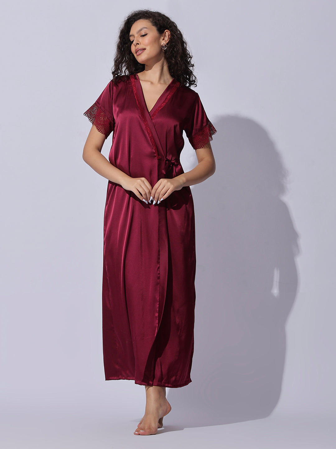 Satin Robe and Night Gown Set for Women Luxe Lace Sleepwear