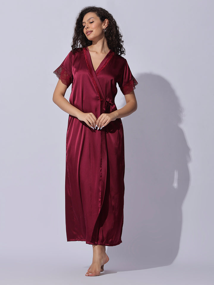 Satin Robe and Night Gown Set for Women Luxe Lace Sleepwear