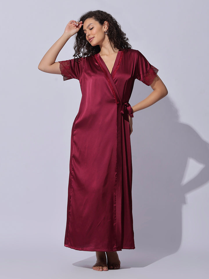 Satin Robe and Night Gown Set for Women Luxe Lace Sleepwear