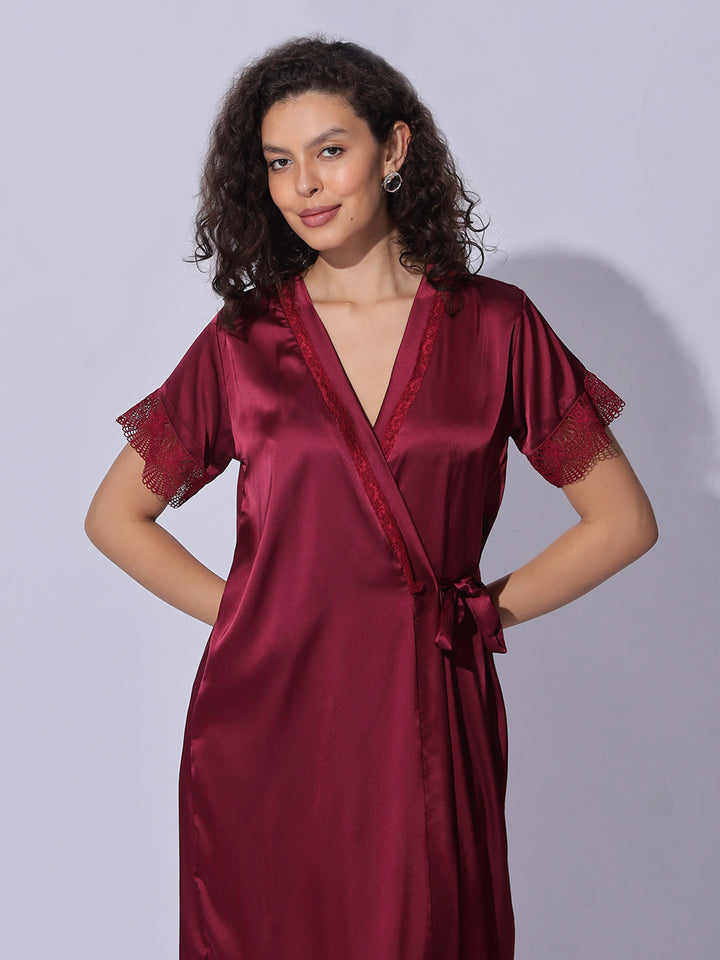 Satin Robe and Night Gown Set for Women Luxe Lace Sleepwear