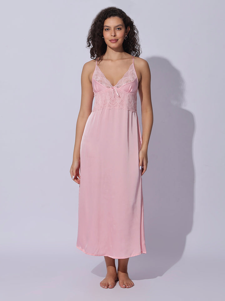 Satin Lace Robe Pink Night Gown Set for Women Soft Elegant Sleepwear