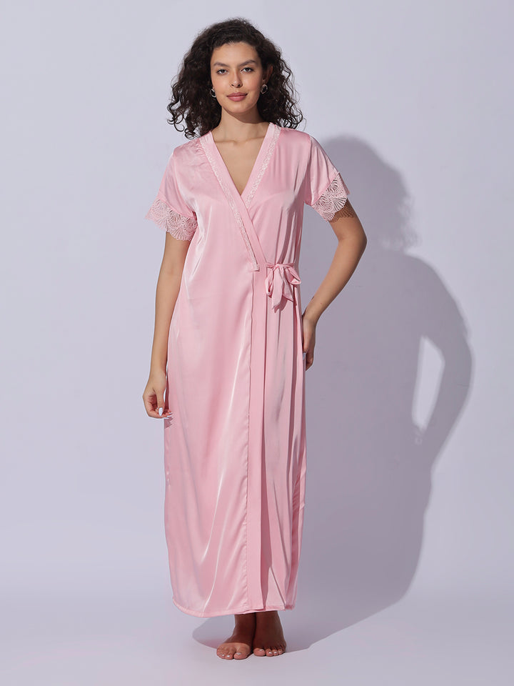Satin Lace Robe Pink Night Gown Set for Women Soft Elegant Sleepwear