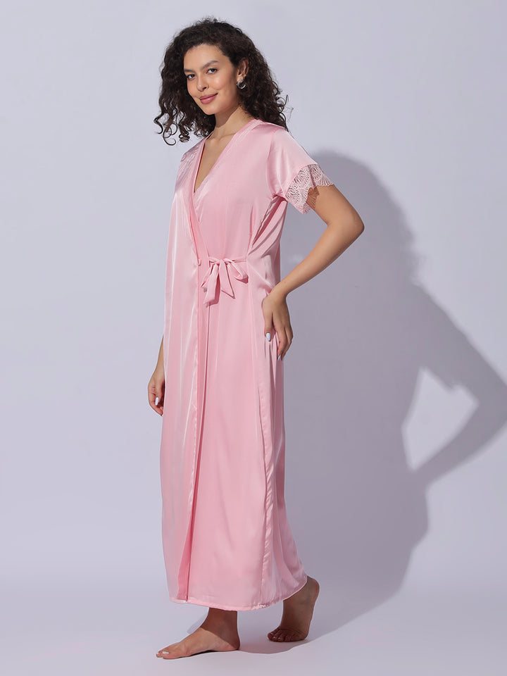 Satin Lace Robe Pink Night Gown Set for Women Soft Elegant Sleepwear