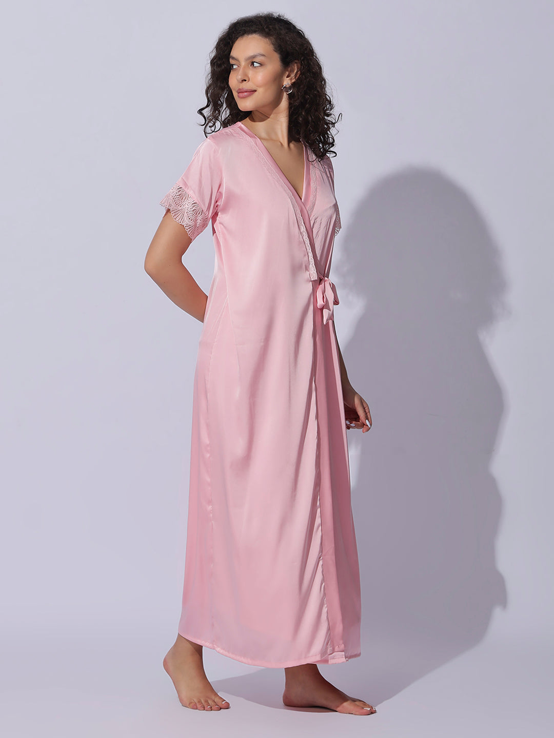 Satin Lace Robe Pink Night Gown Set for Women Soft Elegant Sleepwear
