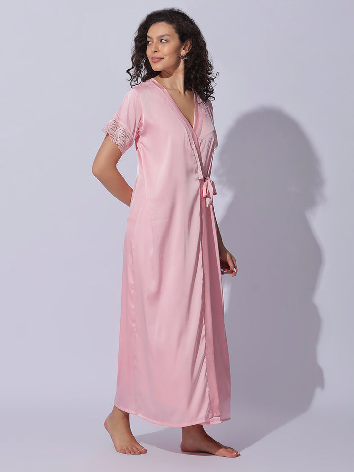 Satin Lace Robe Pink Night Gown Set for Women Soft Elegant Sleepwear