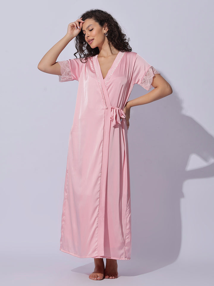 Satin Lace Robe Pink Night Gown Set for Women Soft Elegant Sleepwear