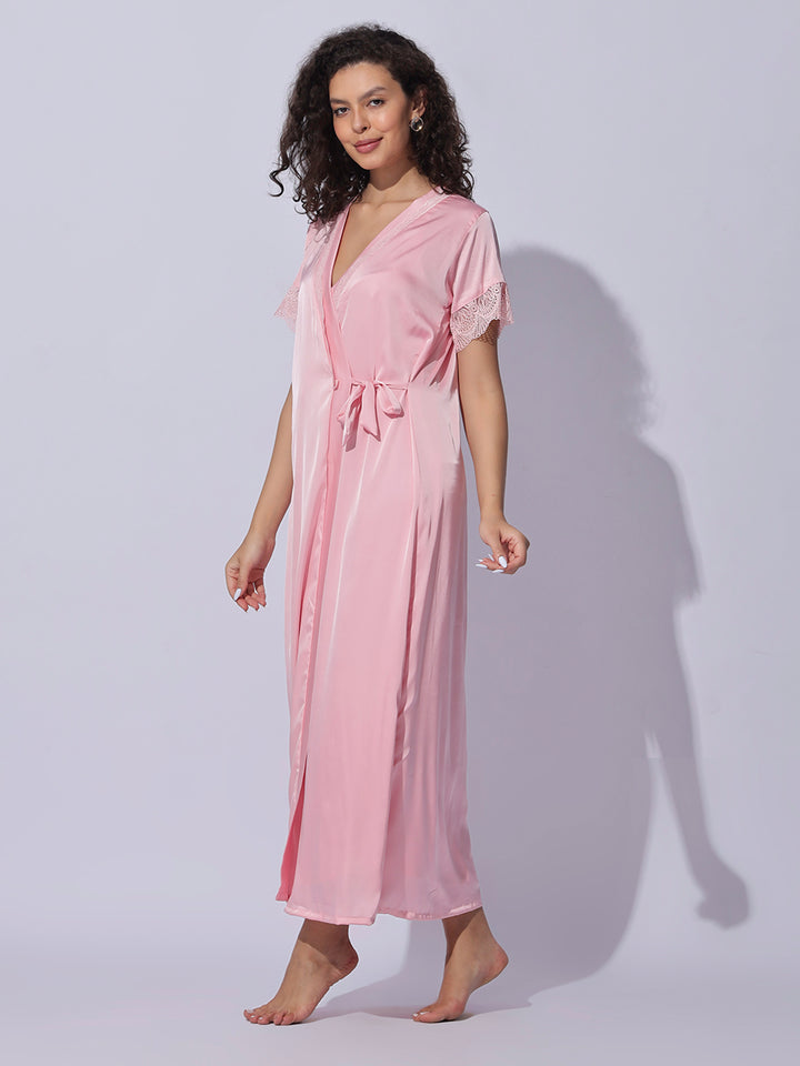 Satin Lace Robe Pink Night Gown Set for Women Soft Elegant Sleepwear