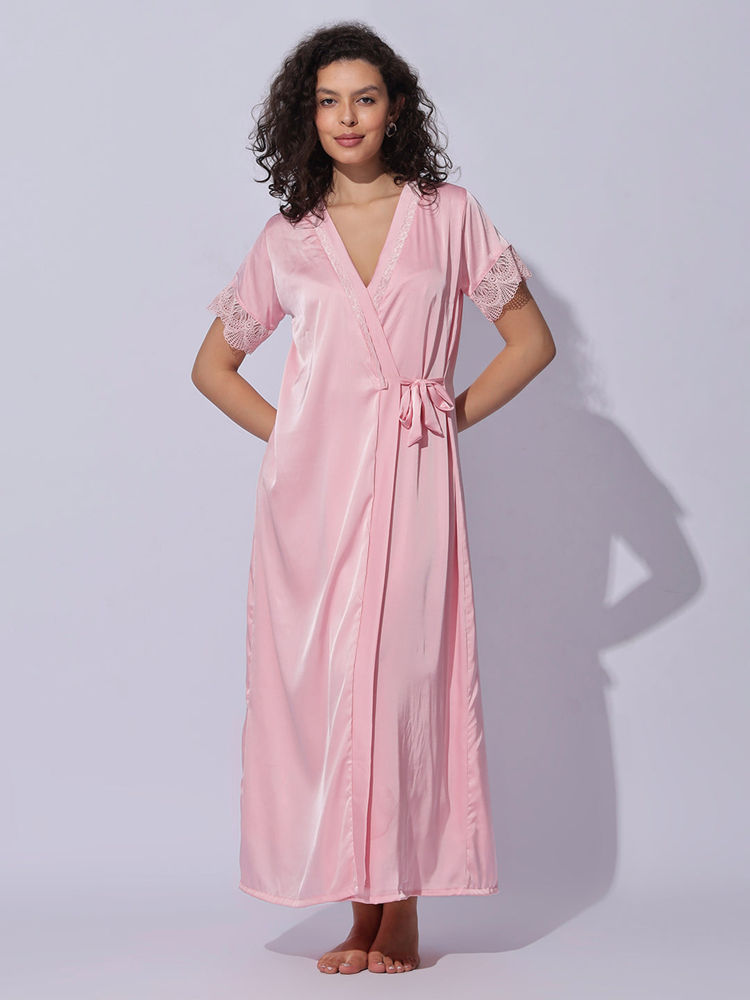 Satin Lace Robe Pink Night Gown Set for Women Soft Elegant Sleepwear
