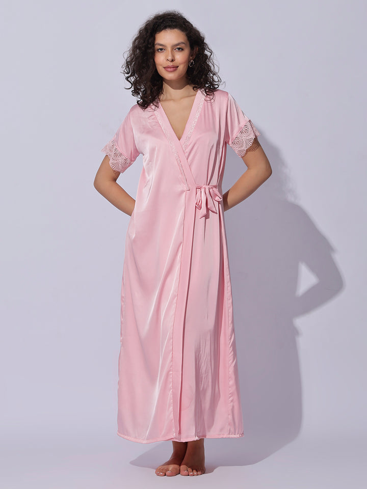 Satin Lace Robe Pink Night Gown Set for Women Soft Elegant Sleepwear