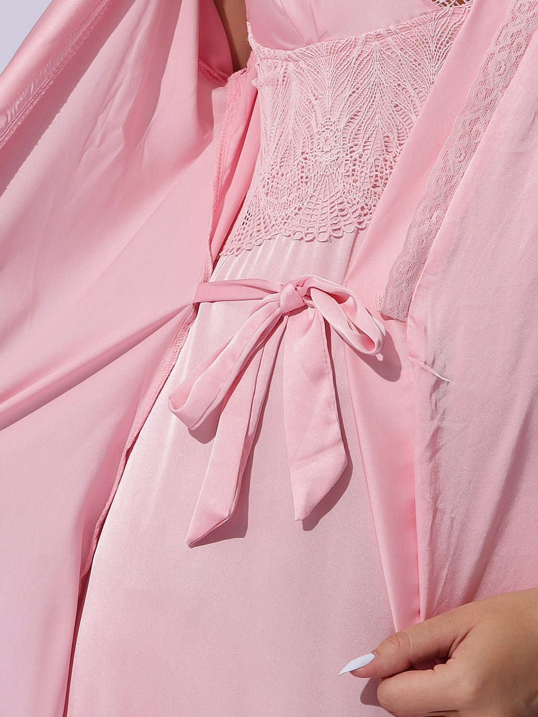 Satin Lace Robe Pink Night Gown Set for Women Soft Elegant Sleepwear