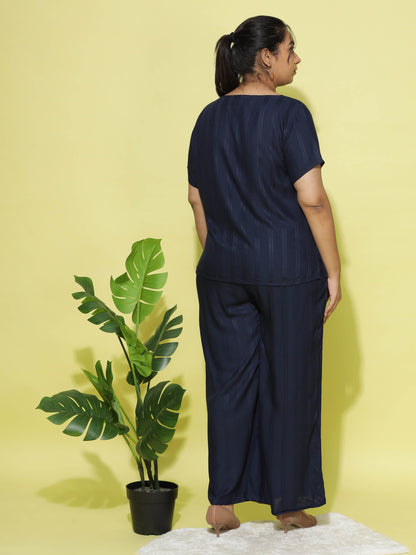 Midnight Navy Round Neck Coord Sets for Women with Relaxed Fit and Subtle Texture