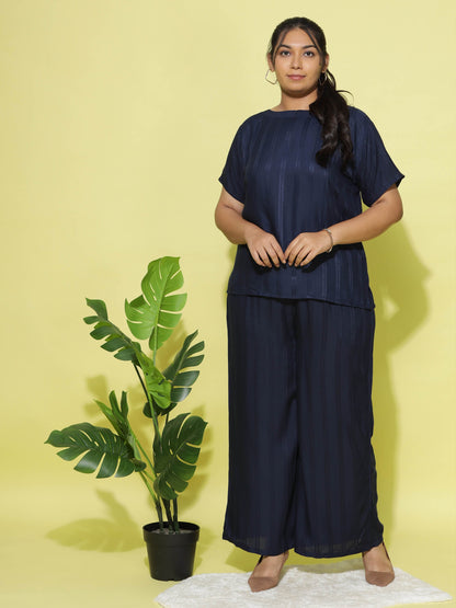 Midnight Navy Round Neck Coord Sets for Women with Relaxed Fit and Subtle Texture
