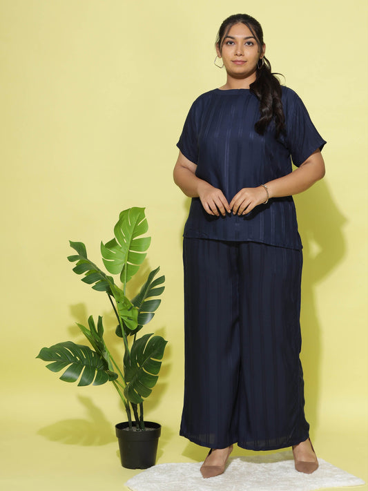 Midnight Navy Round Neck Coord Sets for Women with Relaxed Fit and Subtle Texture
