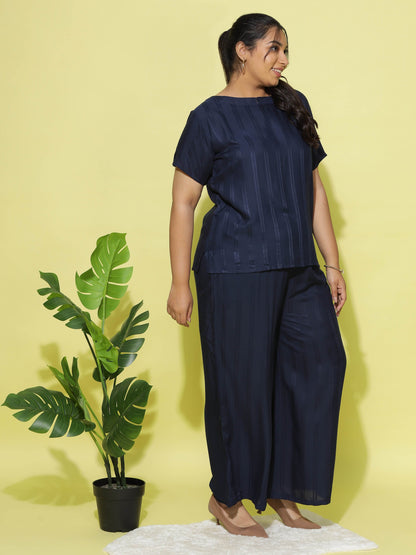 Midnight Navy Round Neck Coord Sets for Women with Relaxed Fit and Subtle Texture