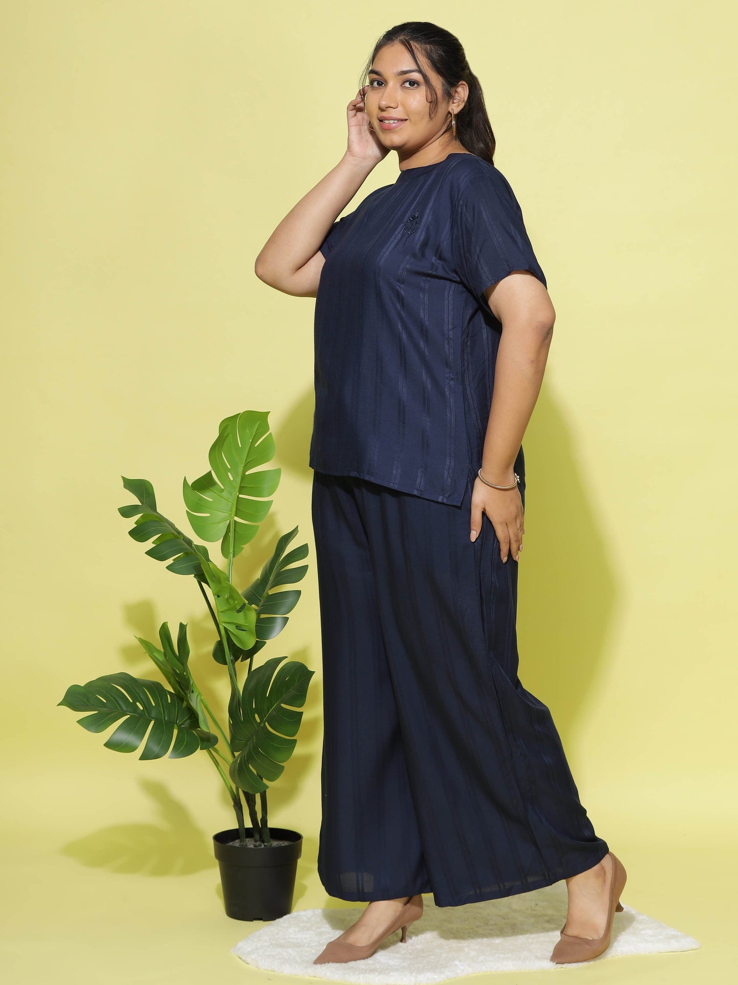 Midnight Navy Round Neck Coord Sets for Women with Relaxed Fit and Subtle Texture